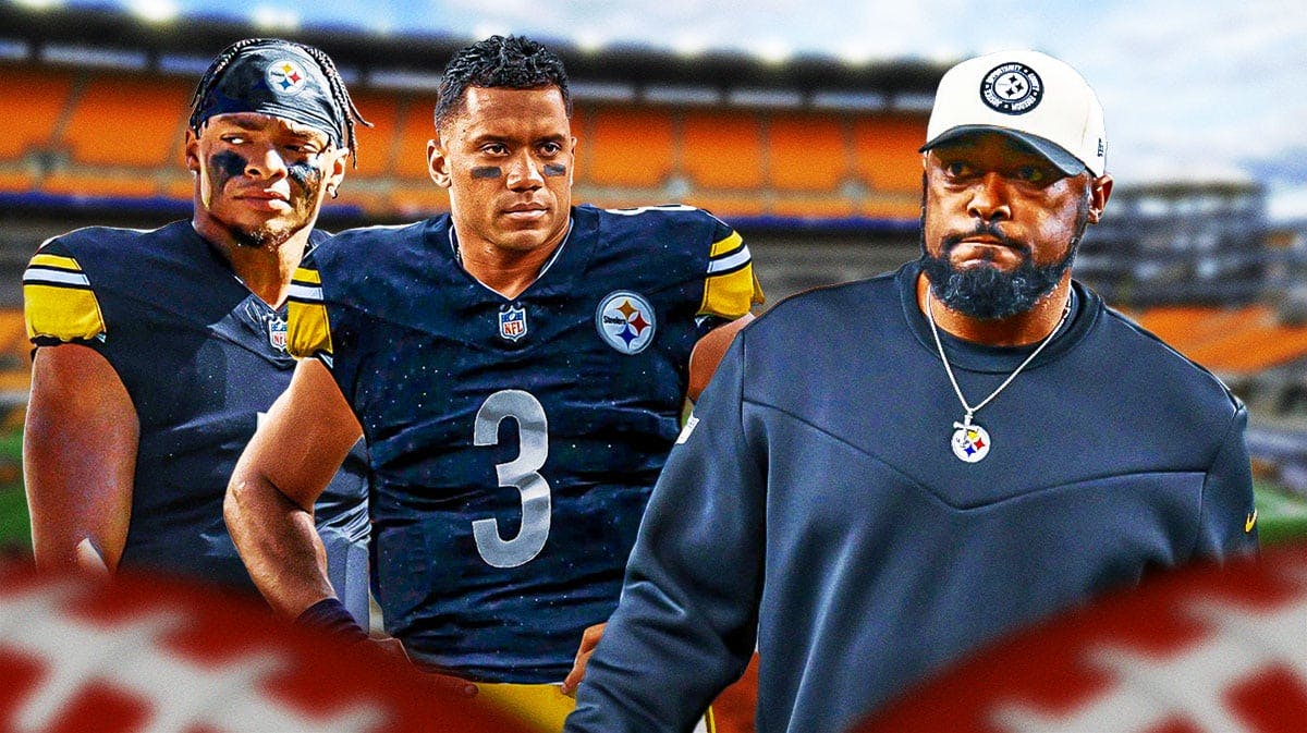 Russell Wilson, Justin Fields in Steelers uniforms. Mike Tomlin next to them