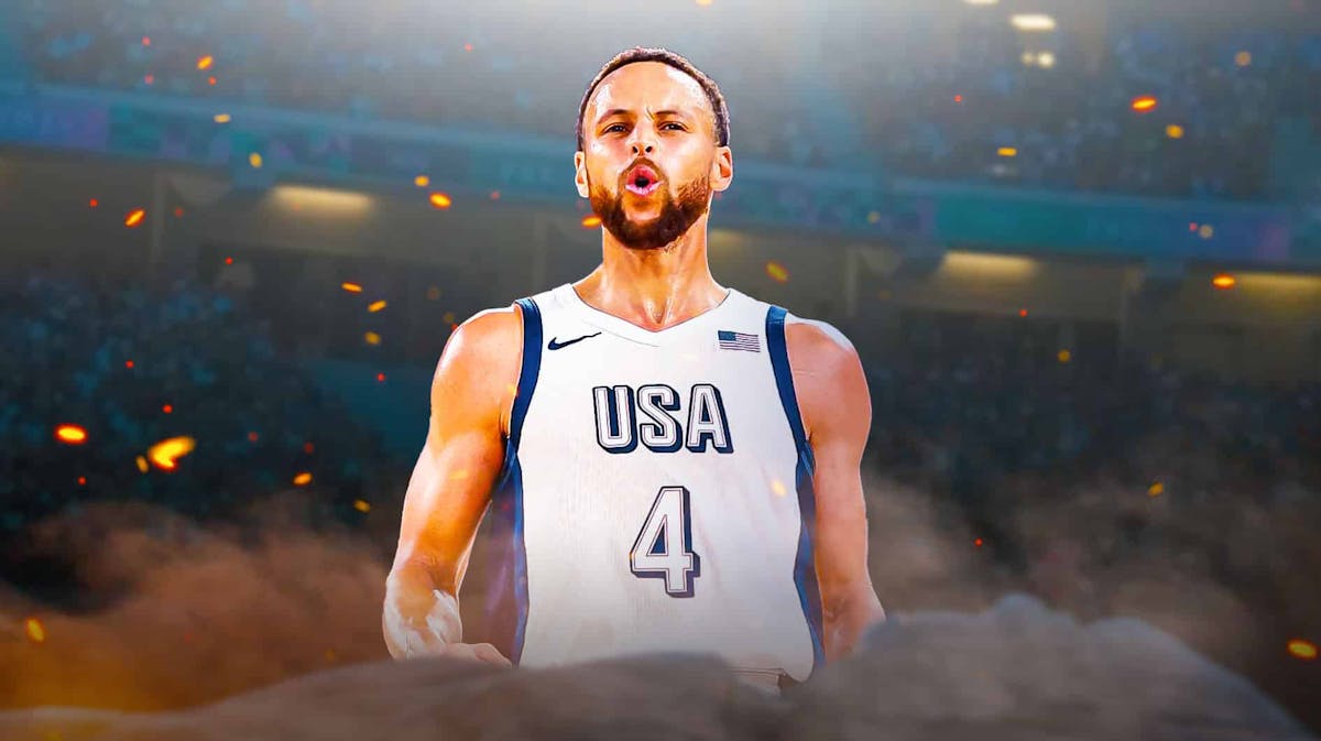 Golden State Warriors star Stephen Curry in front of the Paris Olympics.