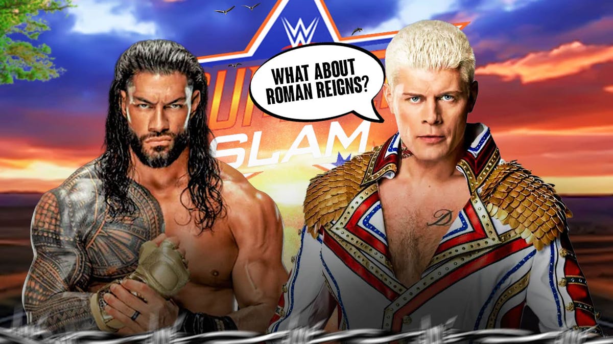 Cody Rhodes with a text bubble reading "What about Roman Reigns?" next to Roman Reigns with the SummerSlam logo as the background.