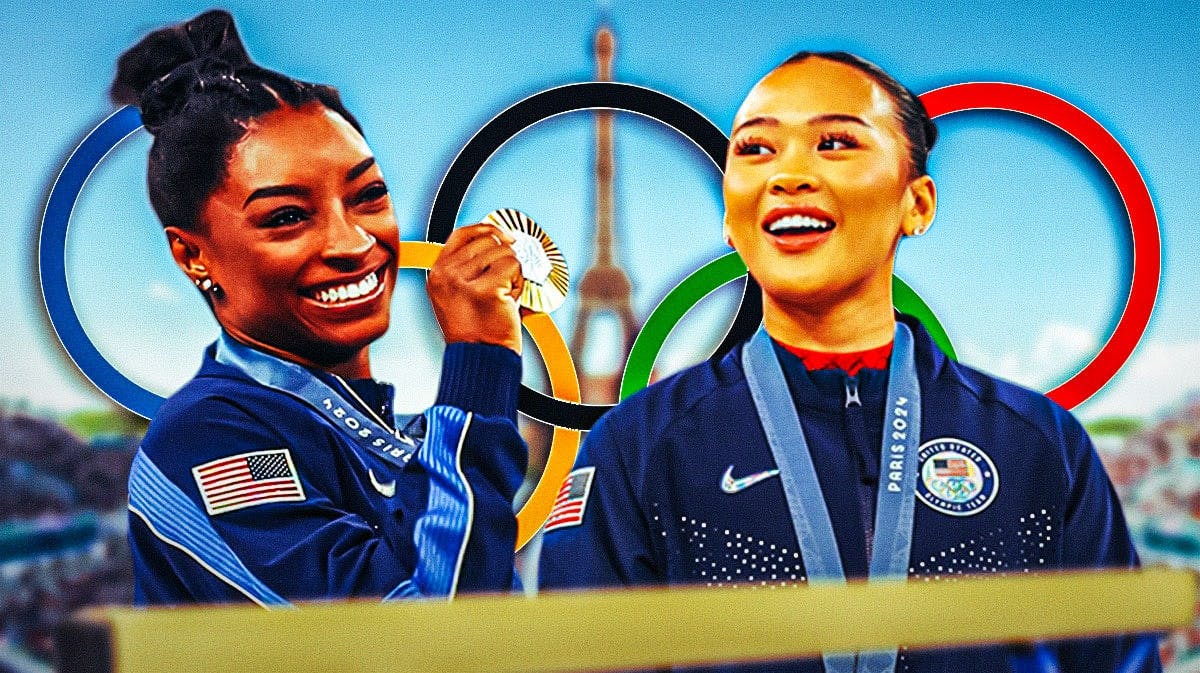 American gymnasts Simone Biles and Suni Lee next to a balance beam apparatus. There is also a logo for the Olympics.