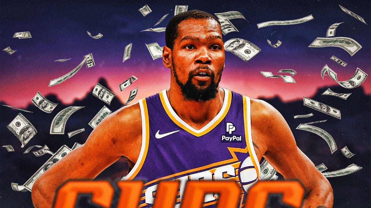 Kevin Durant with money raining around him featuring a purple and orange desert background.