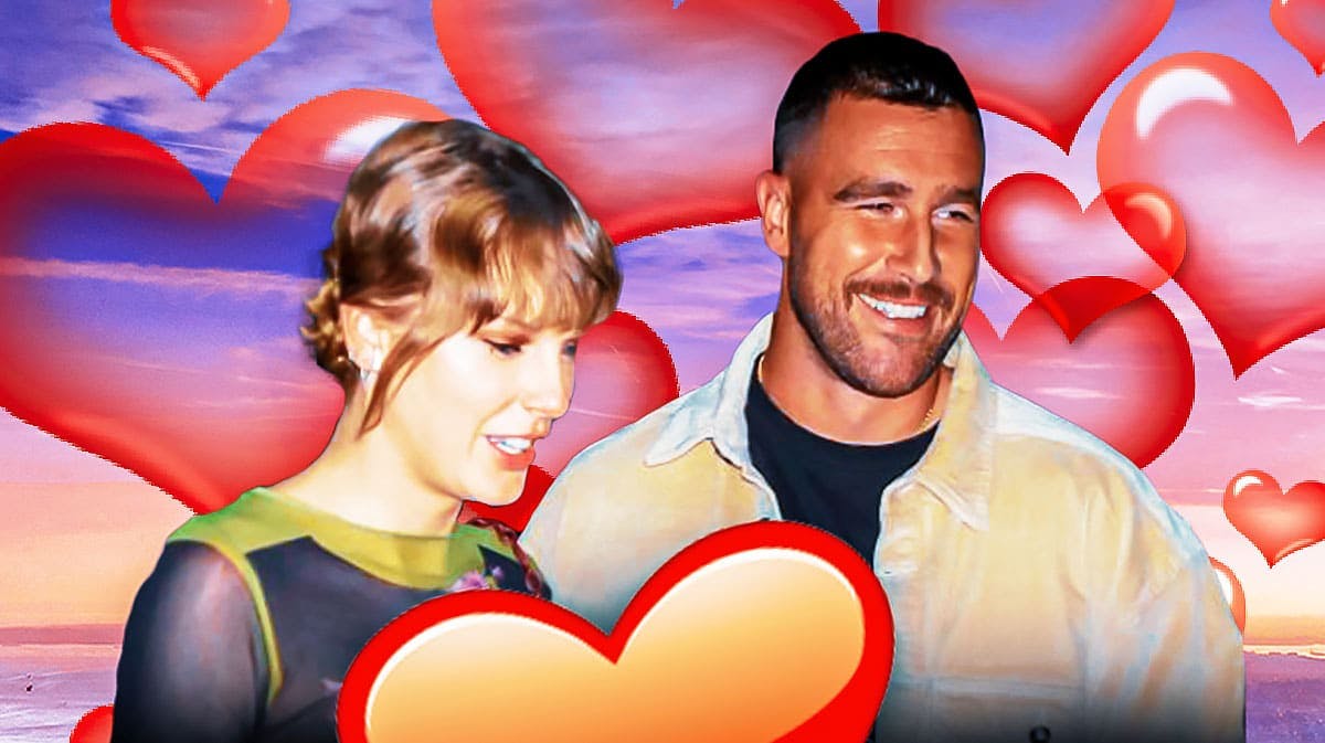 Taylor Swift Travis Kelce with hearts engagement