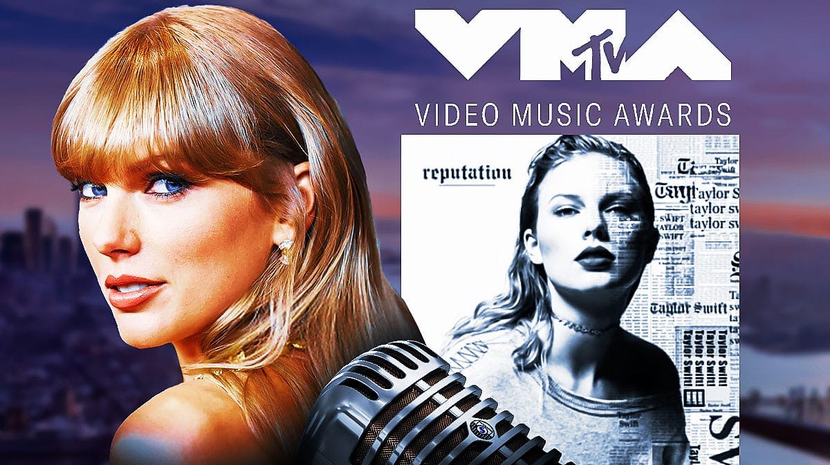 Taylor Swift with 2024 VMAs logo and Reputation album cover.