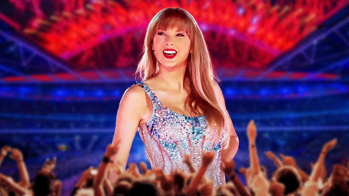 Taylor Swift on the Eras Tour with Wembley Stadium in London, England, background after Vienna shows cancellation.