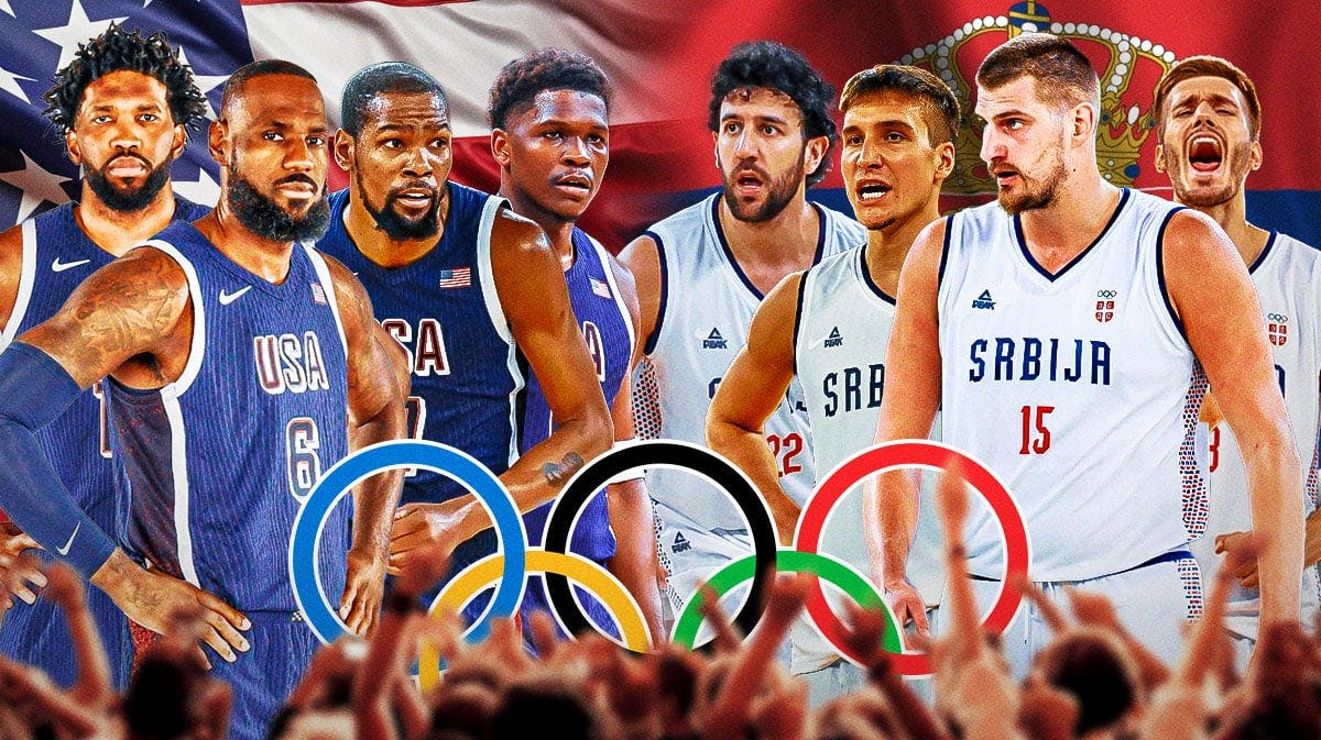 LeBron James, Anthony Edwards, Joel Embiid, Kevin Durant on one side in Team USA gear with American flag as background. Other side is Bogdan Bogdanovic, Vasilje Micic, Nikola Jokic, Filip Petrusev all in Team Serbia gear. Serbia flag as background. Olympics logo in front.