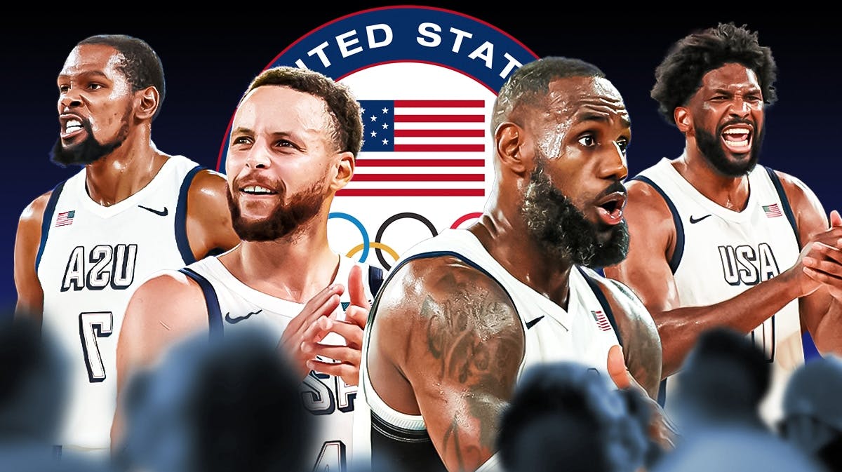 Stephen Curry, Joel Embiid, Kevin Durant, LeBron James all celebrating and looking hyped wearing Team USA uniform. Team USA logo in the background.