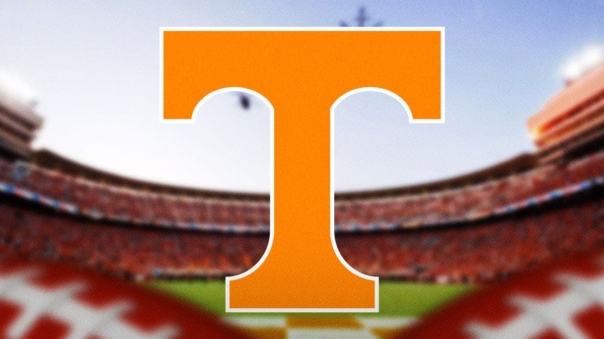 University of Tennessee logo in center, Neyland Stadium (home of University of Tennessee's football team) in background