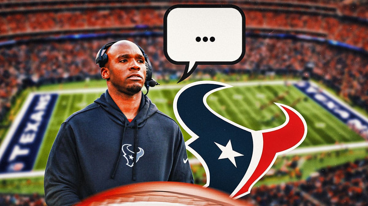 Houston Texans head coach DeMeco Ryans with a speech bubble that has the three dots emoji inside. There is also a logo for the Houston Texans.