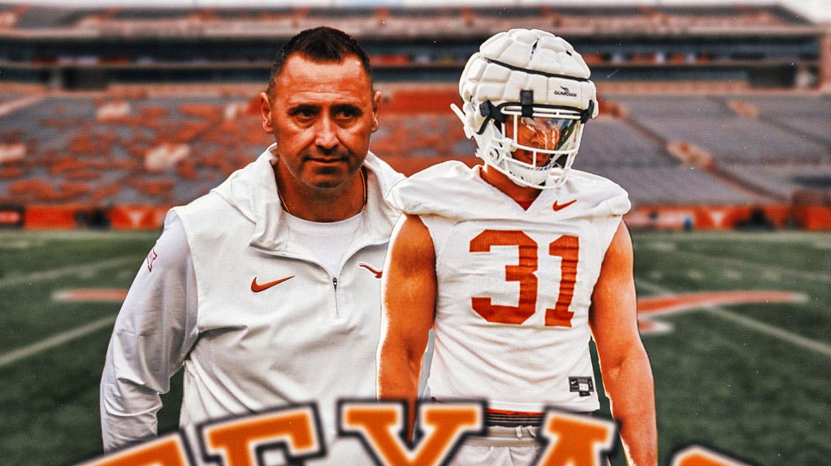 Texas football coach Steve Sarkisian and new Longhorns edge rusher Trey Moore