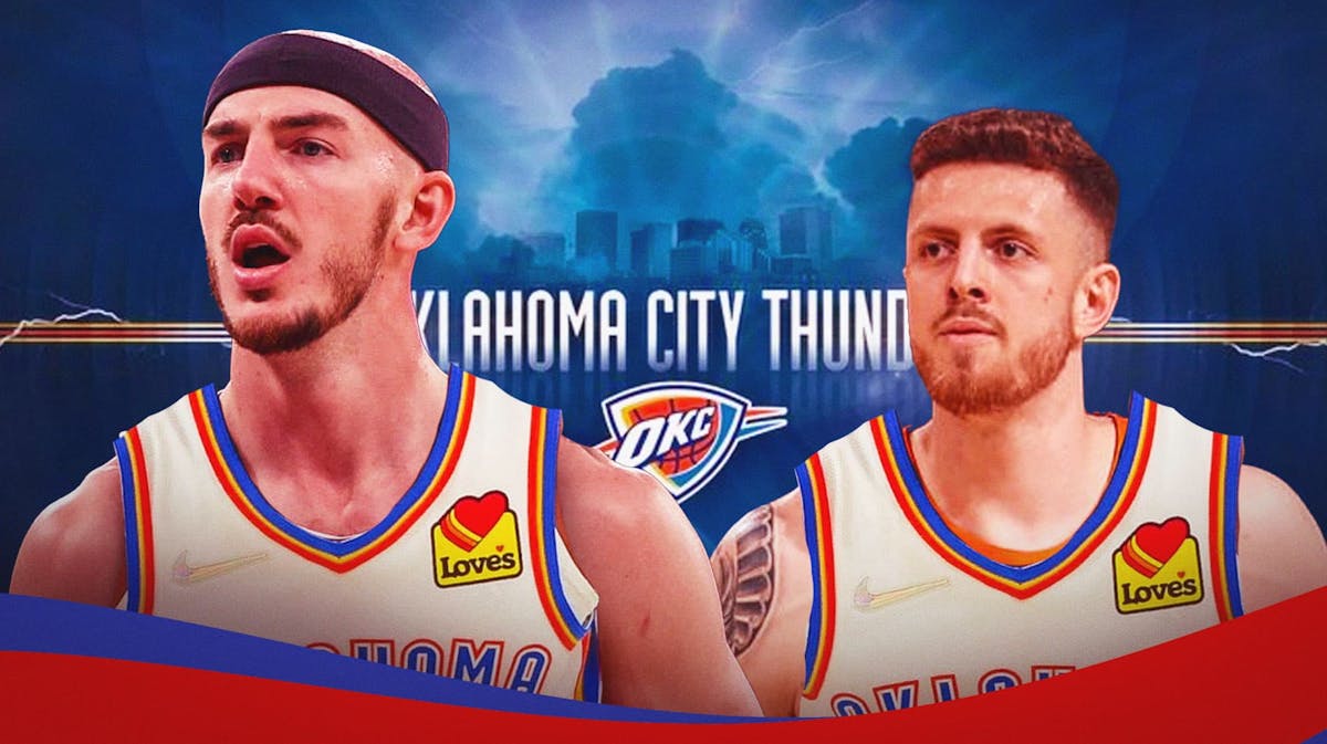 Isaiah Hartenstein and Alex Caruso in Thunder uniforms in front of a Thunder motif.