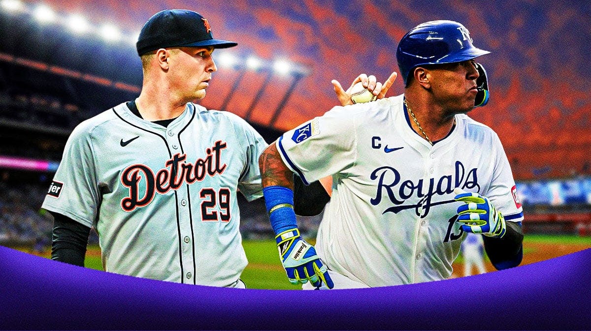 Detroit Tigers star Tarik Skubal and Kansas City Royals star Salvador Perez in front of Comerica Park.