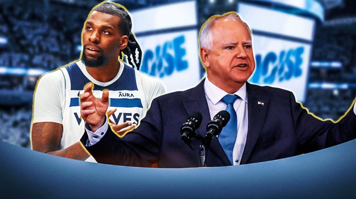 Tim Walz and Naz Reid going super saiyan with a Timberwolves-colored artic background.