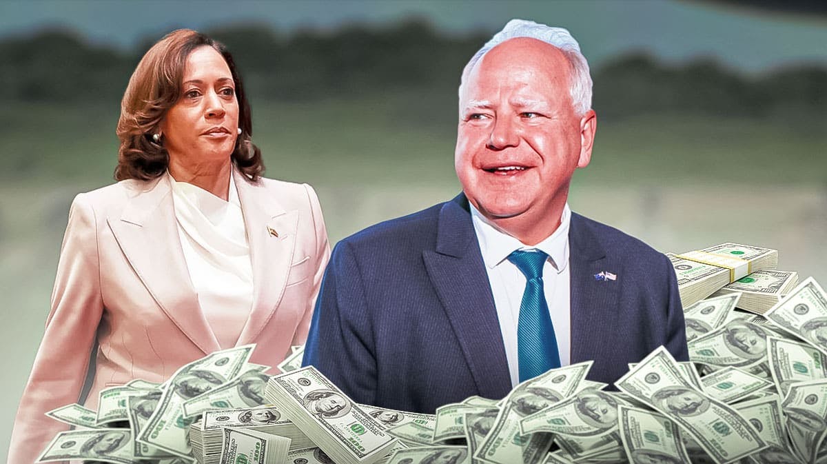 Tim Walz with money around him and Kamala Harris to the side