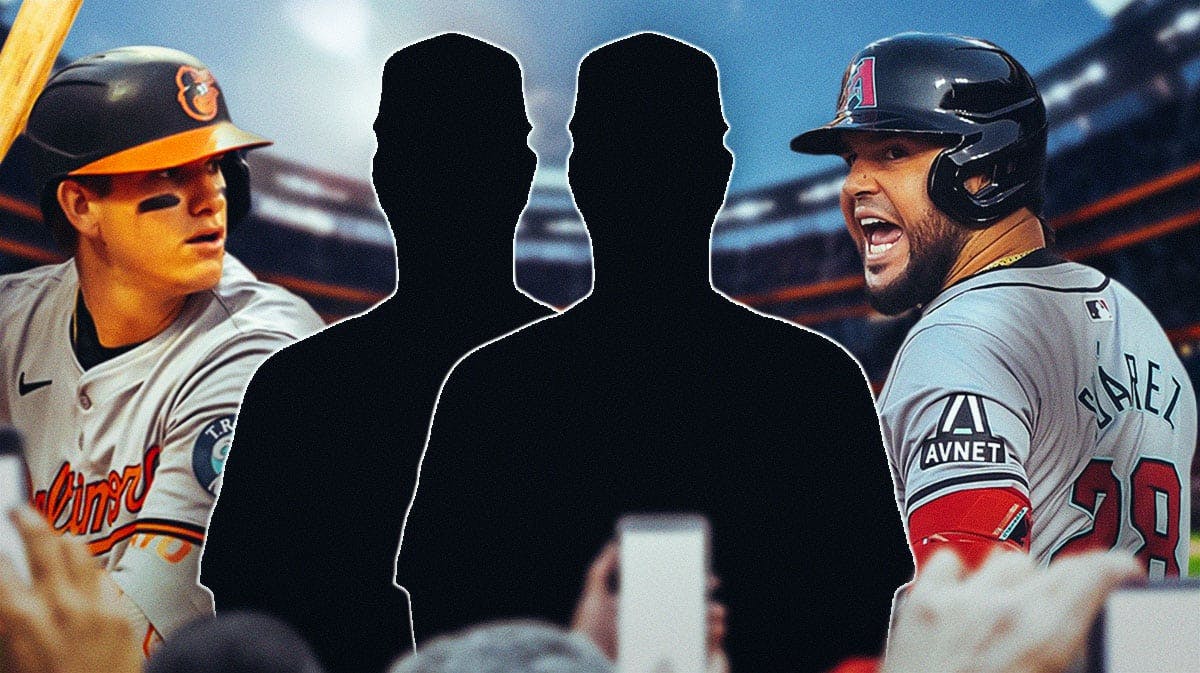Orioles Coby Mayo and Diamondbacks Eugenio Suarez next to two fantasy baseball silhouettes