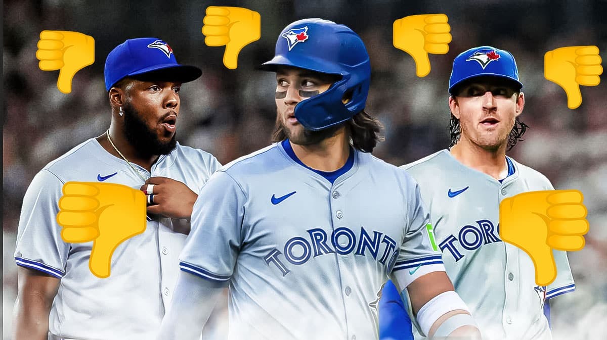 Blue Jays' Vladimir Guerrero Jr., Bo Bichette, and Kevin Gausman all looking tired, with thumbs down emoji all over