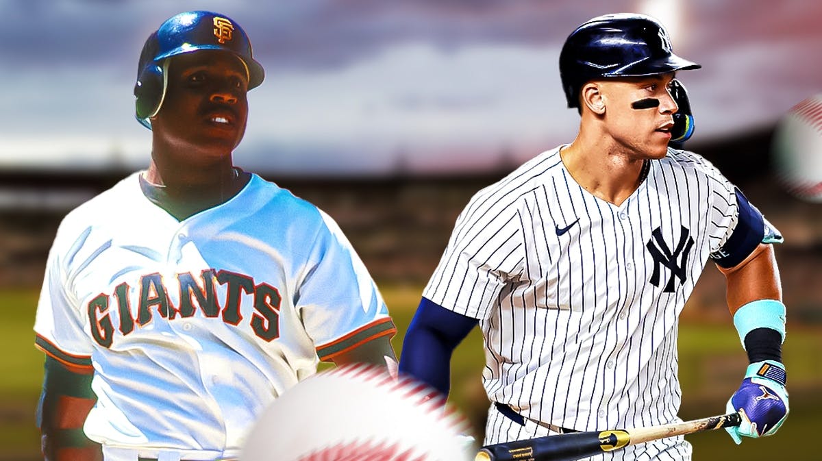 Aaron Judge in the batters box in a New York Yankees uniform on one side and Barry Bonds in the batters box in a San Francisco Giants uniform on the other side as Judge was issued an intentional walk by the Blue Jays similar to how Bonds got walked when he played.