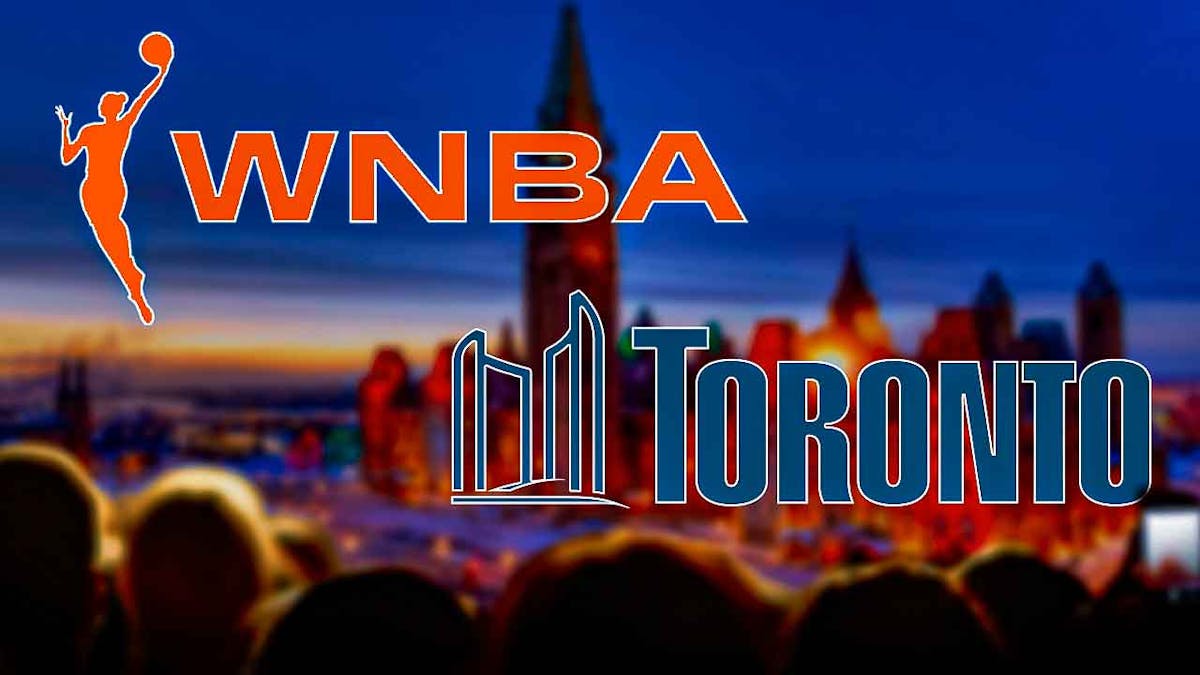 The WNBA logo and the city of Toronto, Canada in the background, with a cheering crowd and basketballs