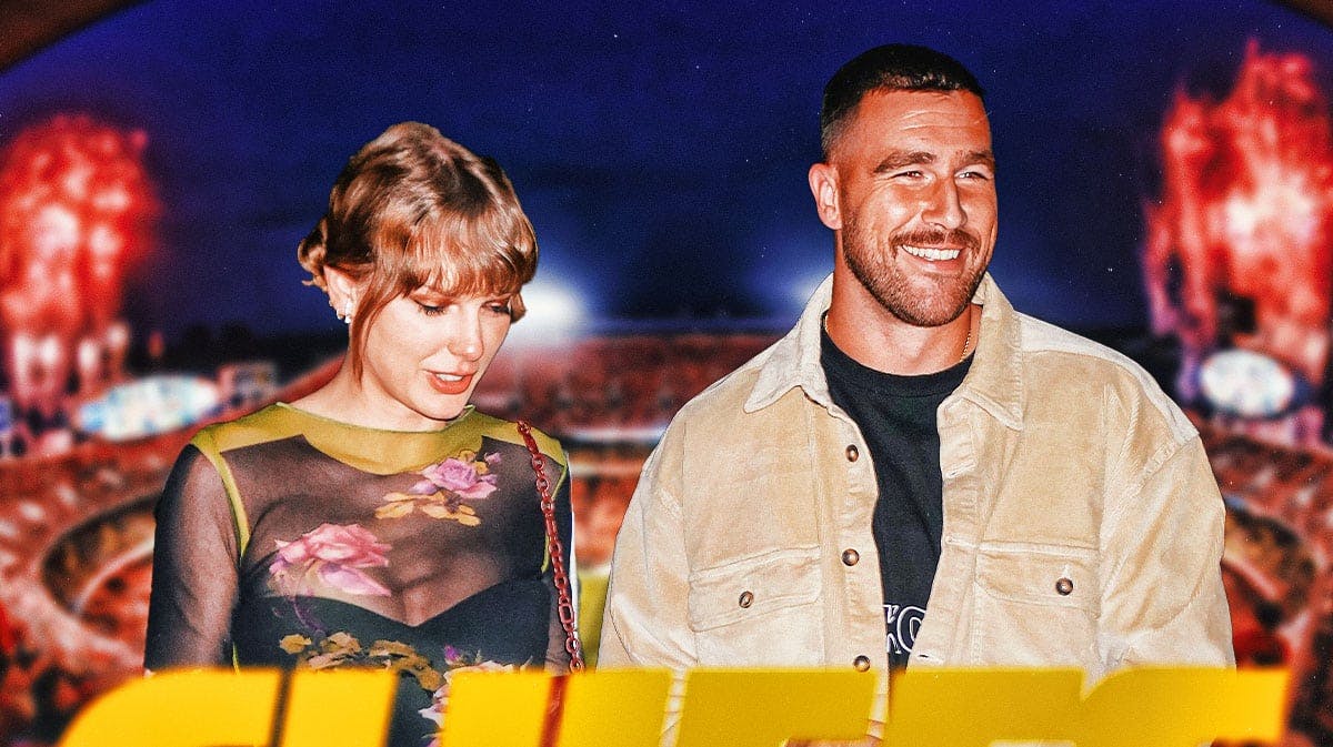 Taylor Swift and Travis Kelce with GEHA Field at Arrowhead Stadium (the home of the Kansas City Chiefs) background.