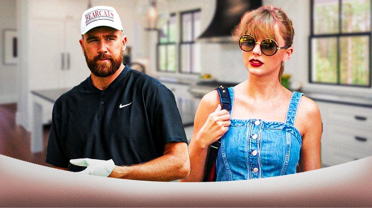 Kansas City Chiefs tight end Travis Kelce and Taylor Swift with mansion kitchen background.