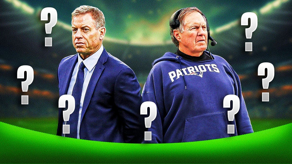 A picture of Troy Aikman and a picture of Bill Belichick with question marks surroudning him.