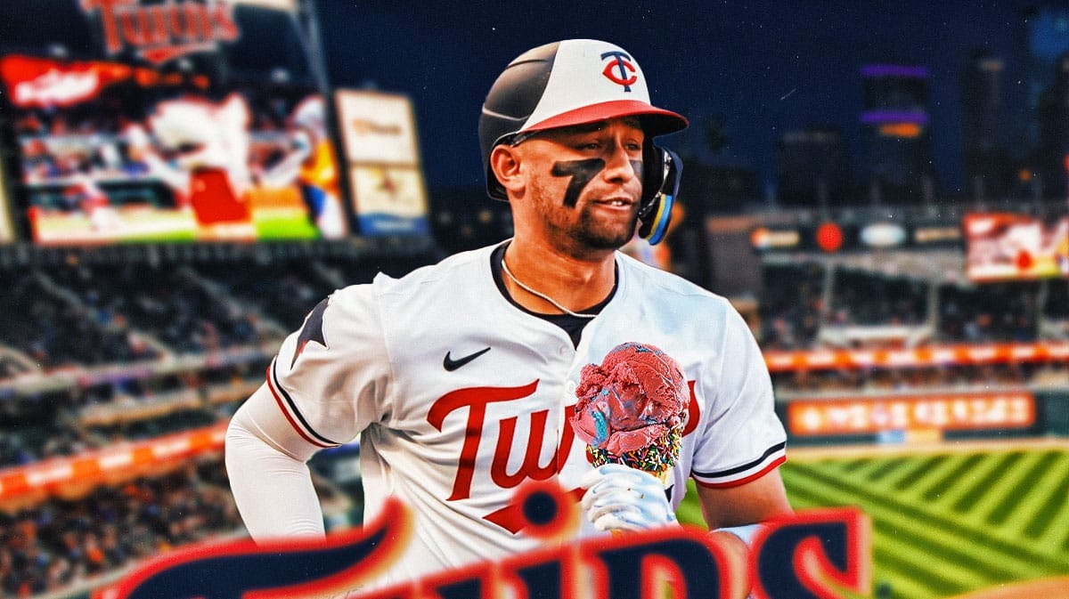 Twins Royce Lewis in a Minnesota Twins uniform holding an ice cream cone as he said they'd only find ice cream in his system when the MLB drug tested lewis.