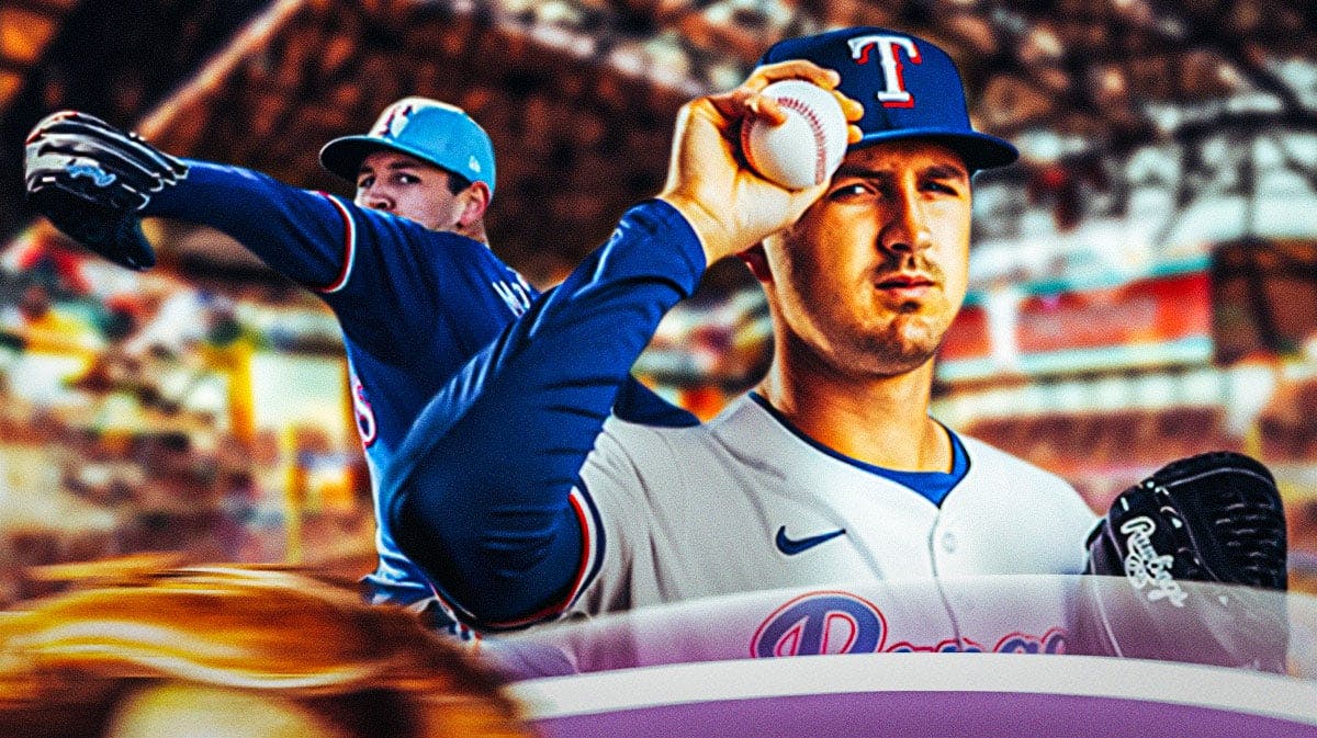 Rangers Tyler Mahle in front looking serious. In background, Rangers Tyler Mahle pitching a baseball. Globe Life Field background.