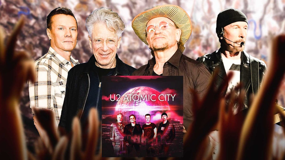 U2 members Larry Mullen Jr,, Adam Clayton, Bono, and The Edge with Sphere background and Atomic City (which landed a nomination at the 2024 VMAs) single cover.