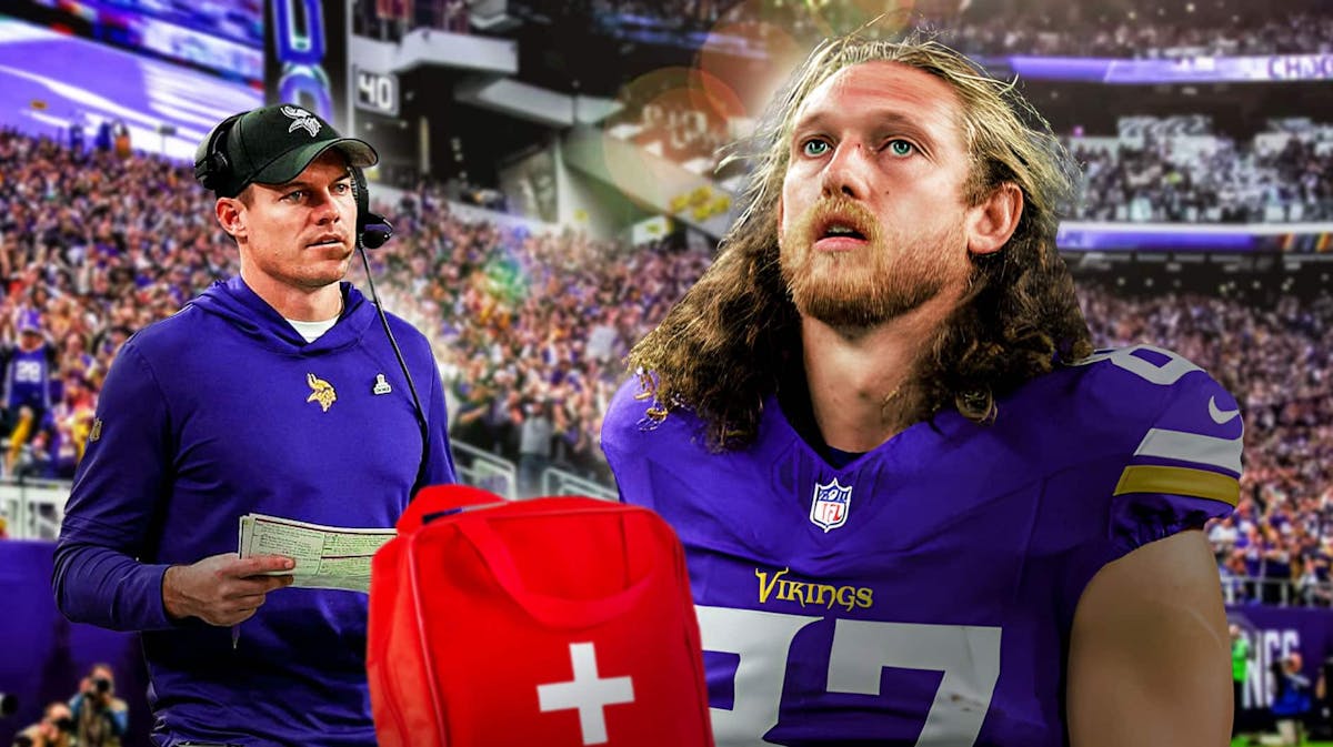 Kevin O'Connell in his Vikings coaching gear and T.J. Hockenson in a Vikings jersey with a medical bag behind his head and a football field in the background.