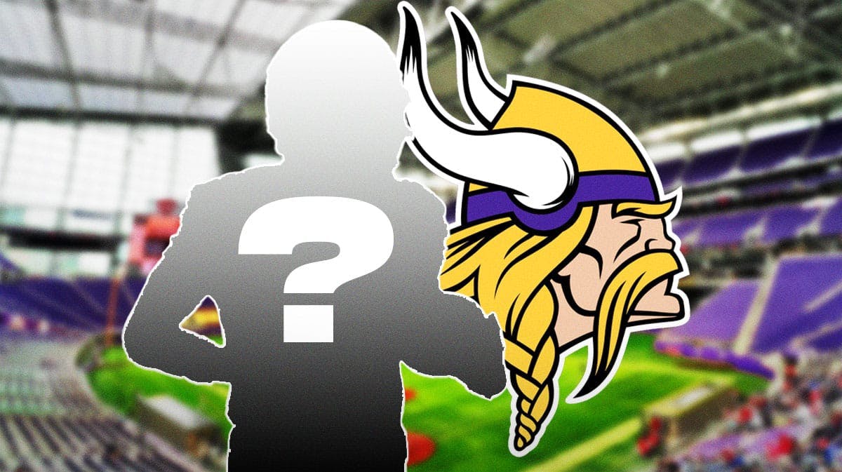A silhouette of an American football player with a big question mark emoji inside. There is also a logo for the Minnesota Vikings.