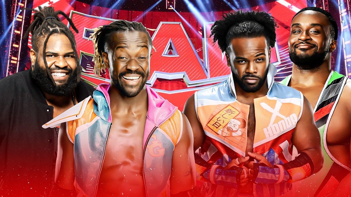 Odyssey Jones, Kofi Kingston, Xavier Woods, and Big E in front of the RAW Logo