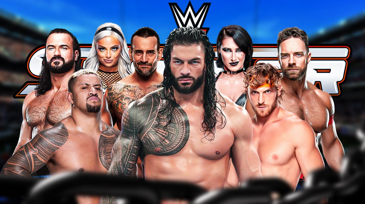 WWE 2024 SummerSlam logo with Drew McIntyre, Liv Morgan, Solo Sikoa, CM Punk, Roman Reigns, Rhea Ripley, Logan Paul, and LA Knight.
