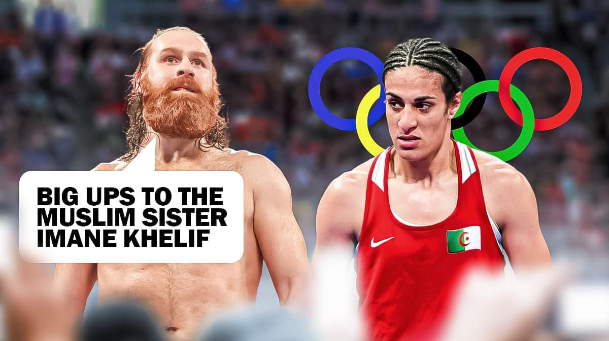 Sami Zayn with a text bubble reading "Big ups to the Muslim sister Imane Khelif" next to Imane Khelif with with Olympic rings behind them.