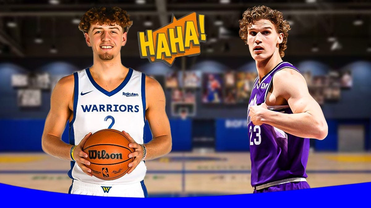 Warriors' Brandin Podziemski laughing, with HA HA symbols beside him, with Jazz's Lauri Markkanen on the side