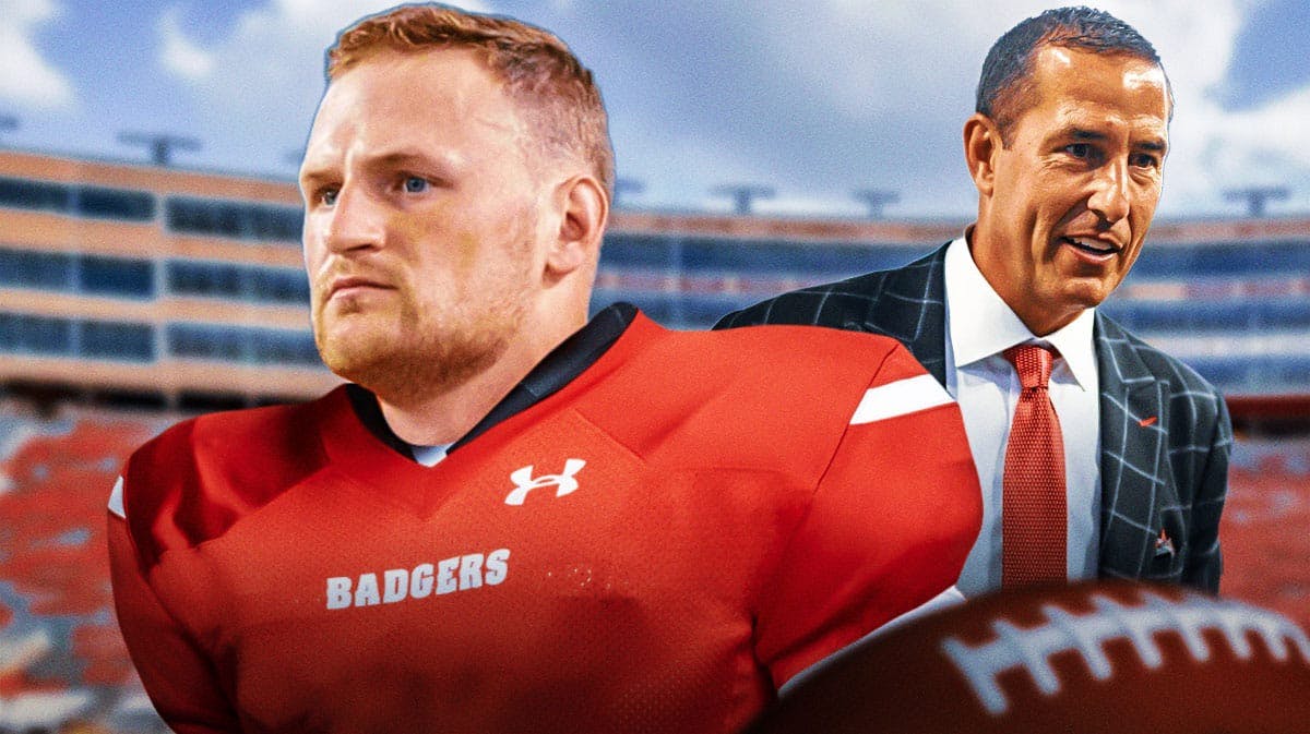 Miami University quarterback Tyler Van Dyke's face copied and pasted onto a Wisconsin Badger football uniform next to Wisconsin football coach Luke Fickell with a big smile on his face