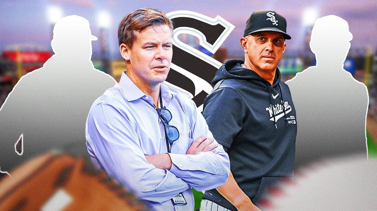 Chicago White Sox general manager Chris Getz and former manager Pedro Grifol. silhouette of Ozzie Guillen & Skip Schumaker