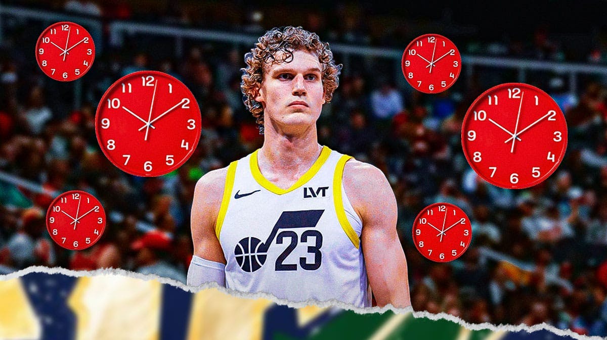 Jazz star Lauri Markkanen with clocks around him