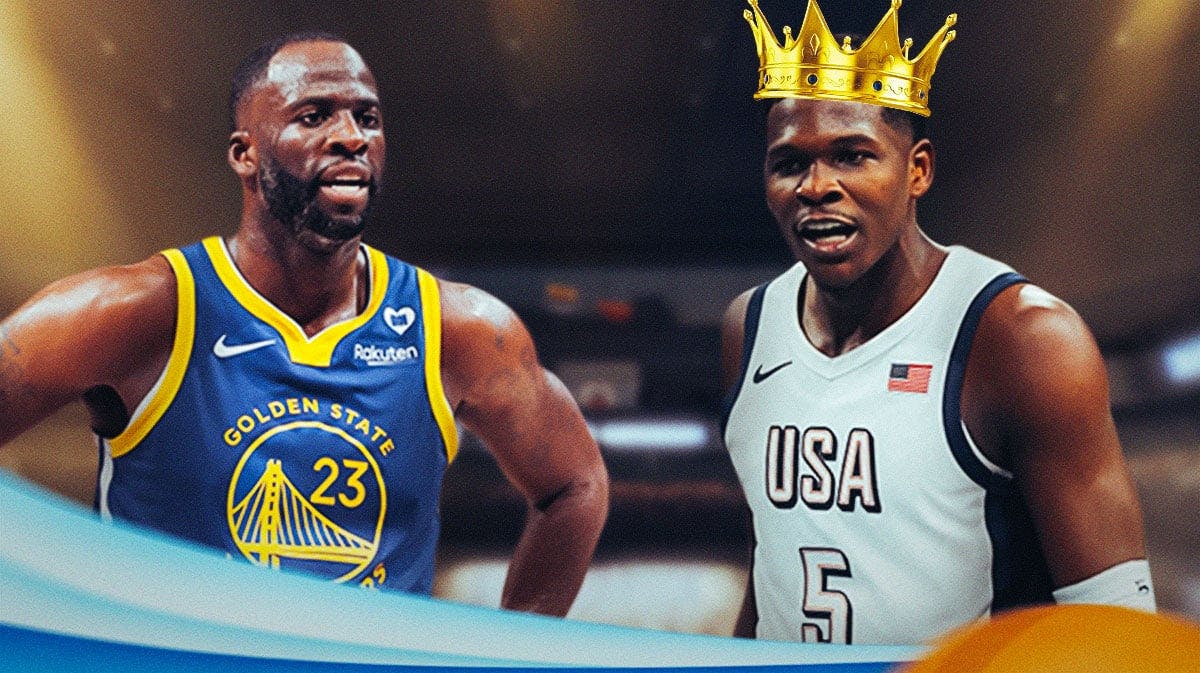 A picture of Draymond Green in a Warriors jersey, Anthony Edwards with a Team USA jersey and a crown on top of his head, with a basketball court in the background.