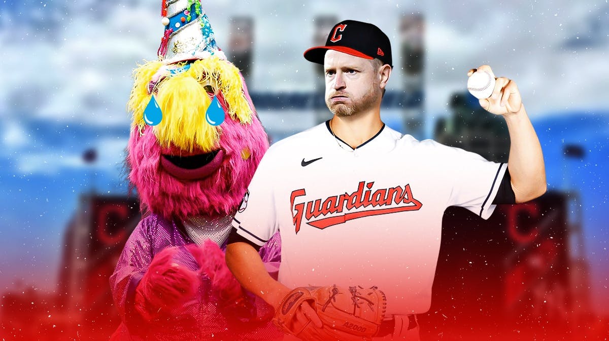Alex Cobb pitching in a Cleveland Guardians uniform with the Guardians mascot Slider next to him with a tear drop coming out of the mascot's eye as the Guardians will regret trading for Cobb at the MLB trade deadline.