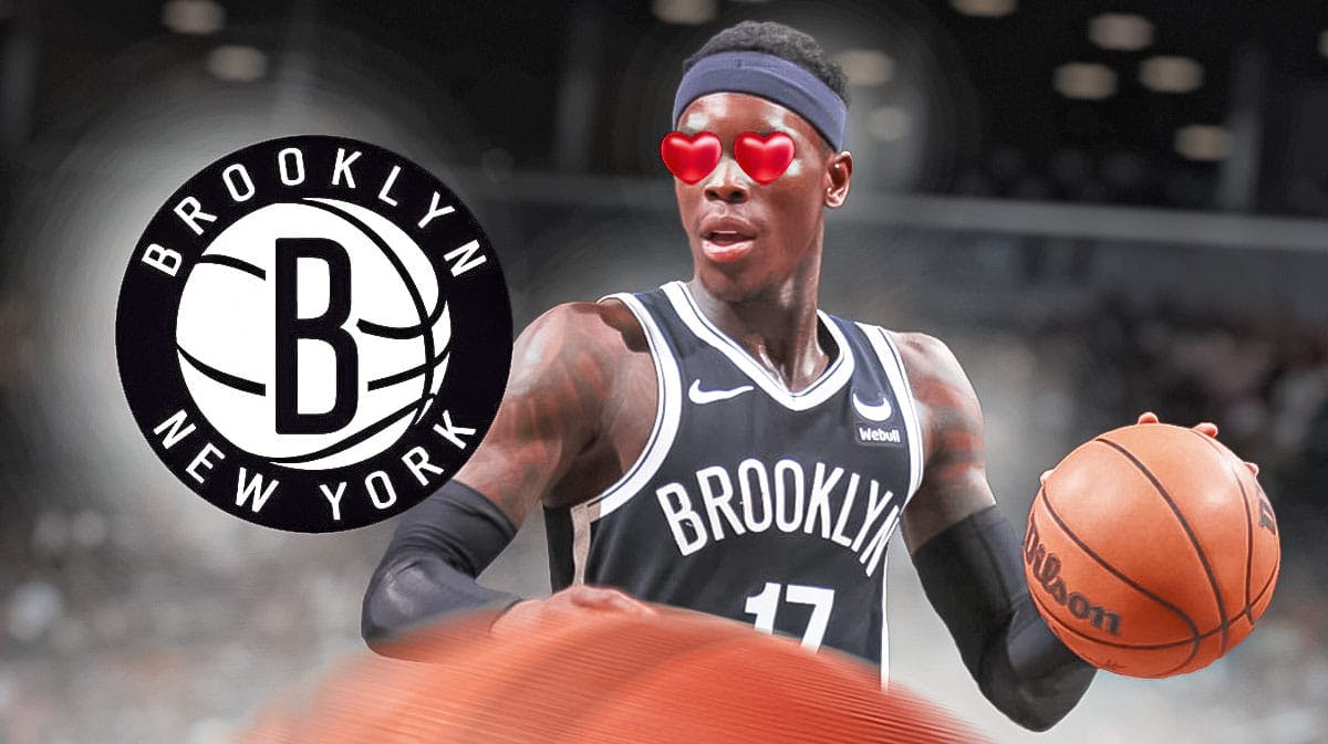 Dennis Schroder in Nets jersey with heart emojis for eyes looking at Brooklyn Nets logo