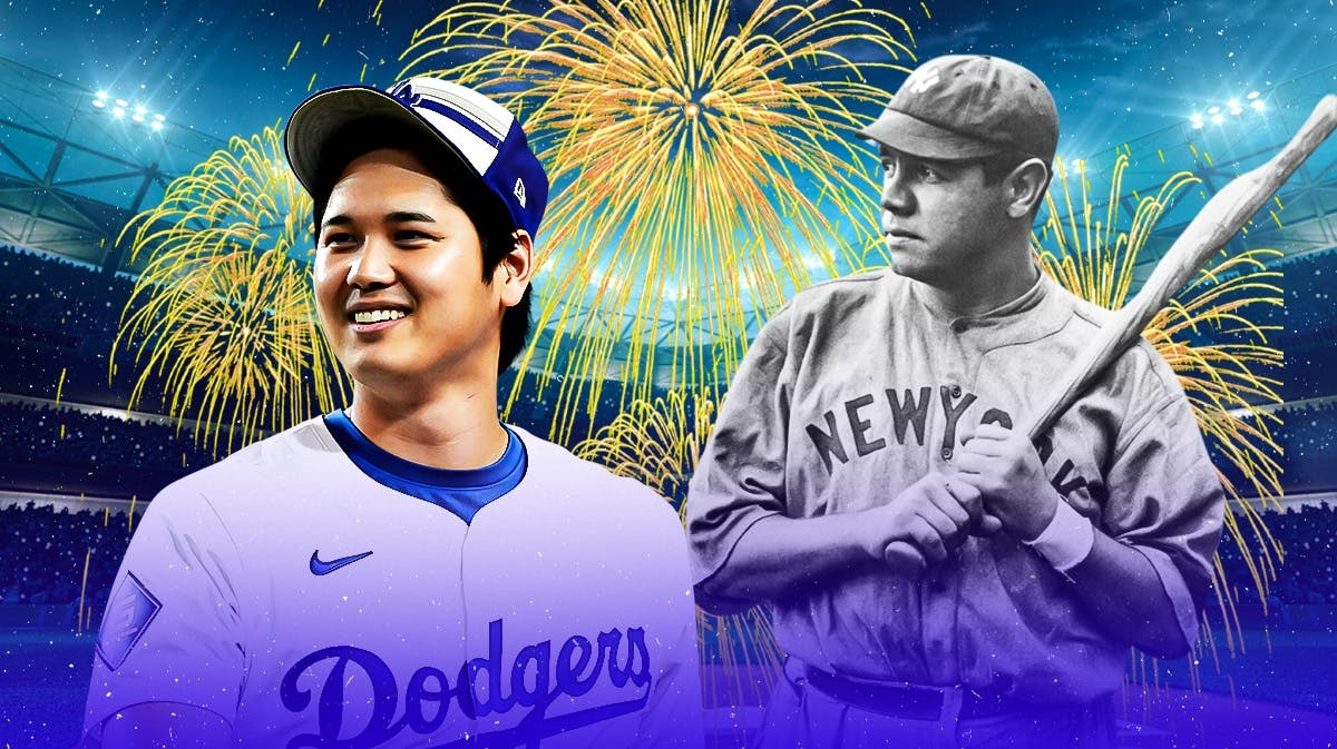 shohei ohtani and babe ruth in front of a baseball field and fireworks
