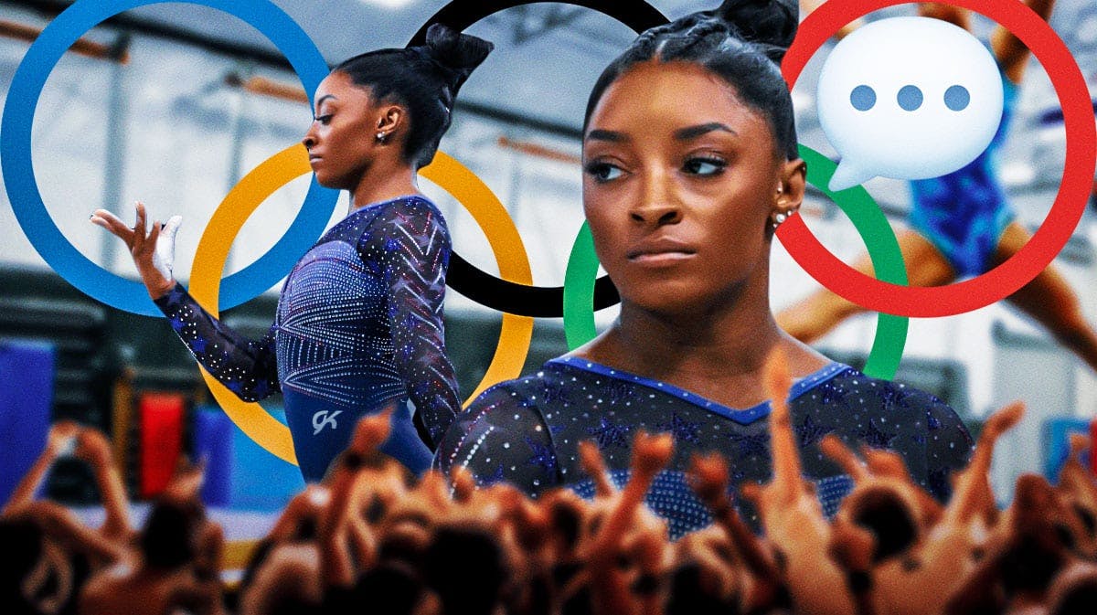 American gymnast Simone Biles with a speech bubble with the three dots emoji inside. There is also a logo for the Olympics.