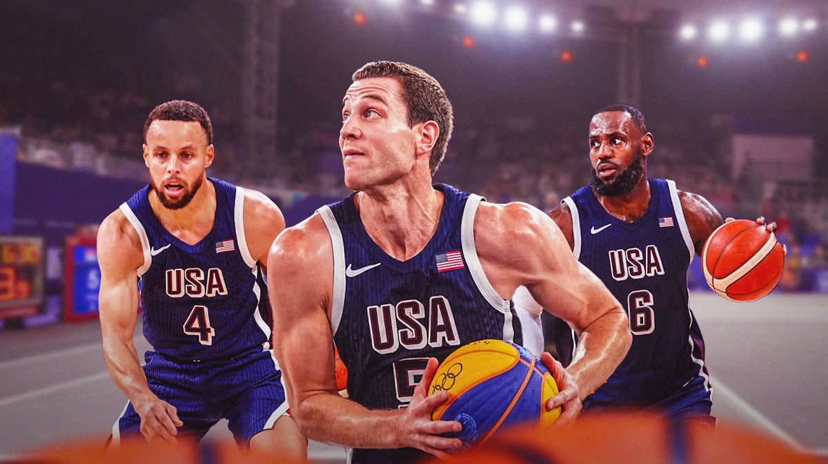 Steph Curry, LeBron James, and Jimmer Fredette (all in their Team USA uniforms), with some 3x3 Olympics basketball imagery