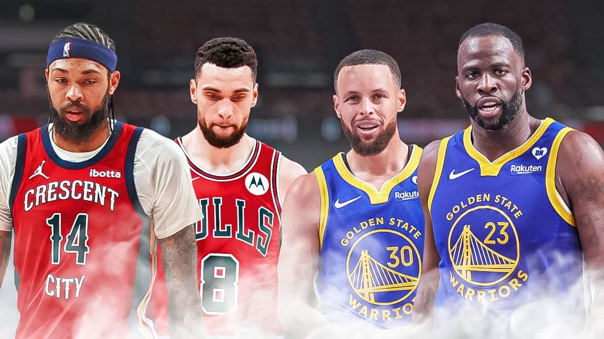 Pelicans' Brandon Ingram and Bulls' Zach LaVine with Warriors' Stephen Curry and Draymond Green