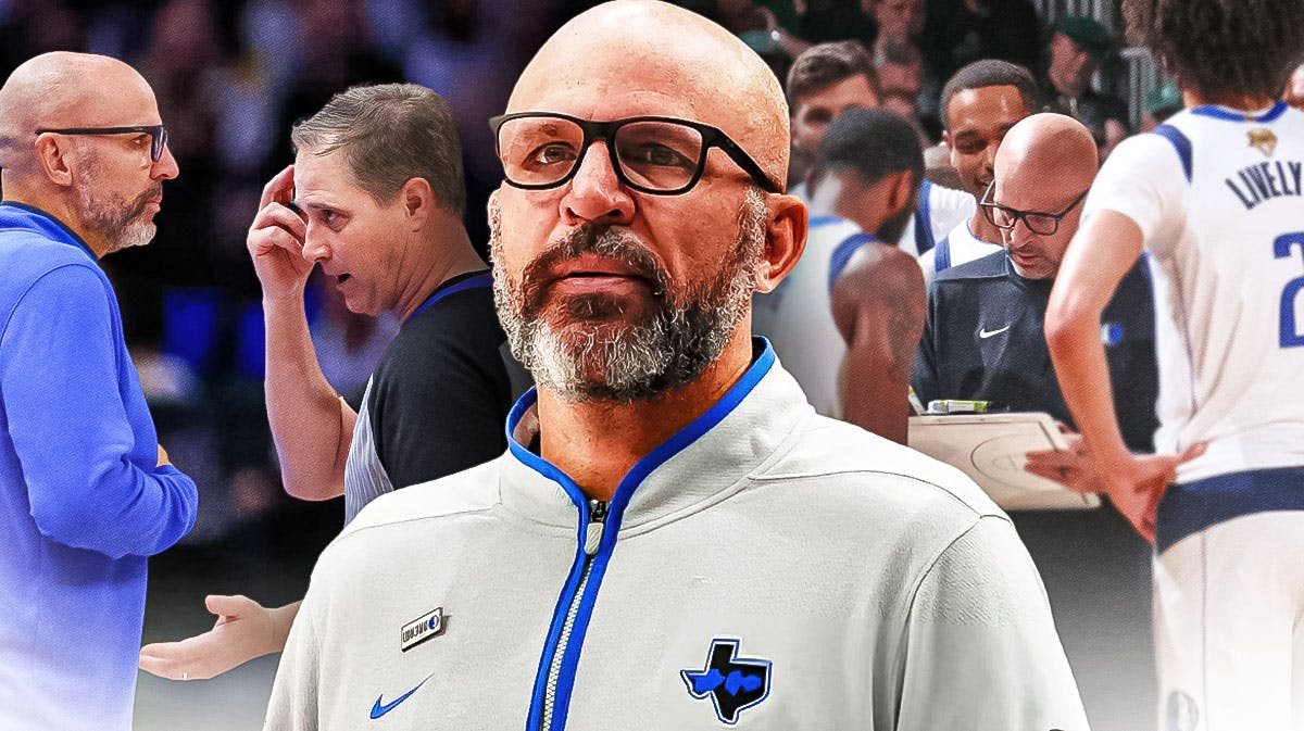 Close-up image of Mavericks Jason Kidd in front. In background on left, need Mavericks Jason Kidd speaking with an NBA referee. In background on right, need Mavericks Jason Kidd coaching during a game.