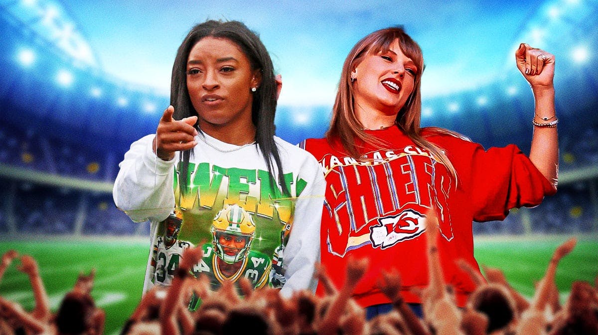 Simone Biles and Taylor Swift, both cheering from the boxes at NFL games