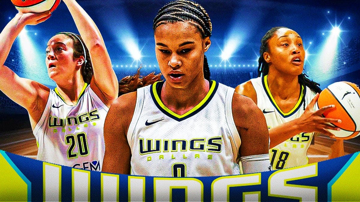 Wings Satou Sabally in front looking serious. Wings Maddy Siegrist on left shooting a basketball, Wings Jaelyn Brown shooting a basketball on right.