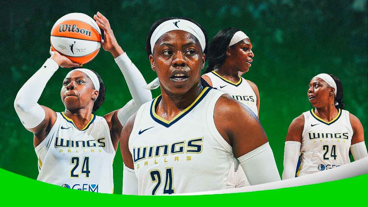 Wings Arike Ogunbowale close-up image in front, looking serious. In background on left, Wings Arike Ogunbowale shooting a basketball. In background on right, Wings Arike Ogunbowale speaking with teammates (2024 IMAGE).