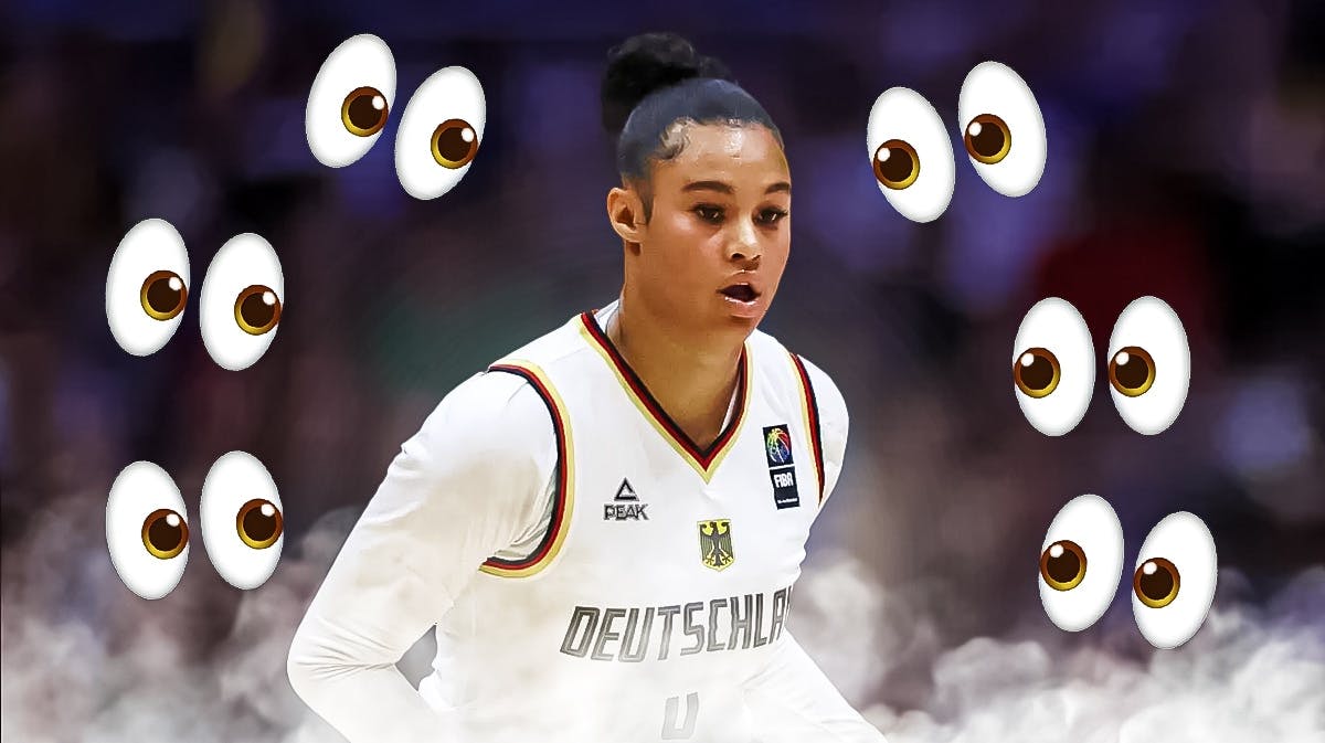 Satou Sabally in a Team Germany 2024 jersey. Place the eyes emoji all over the image looking at her.