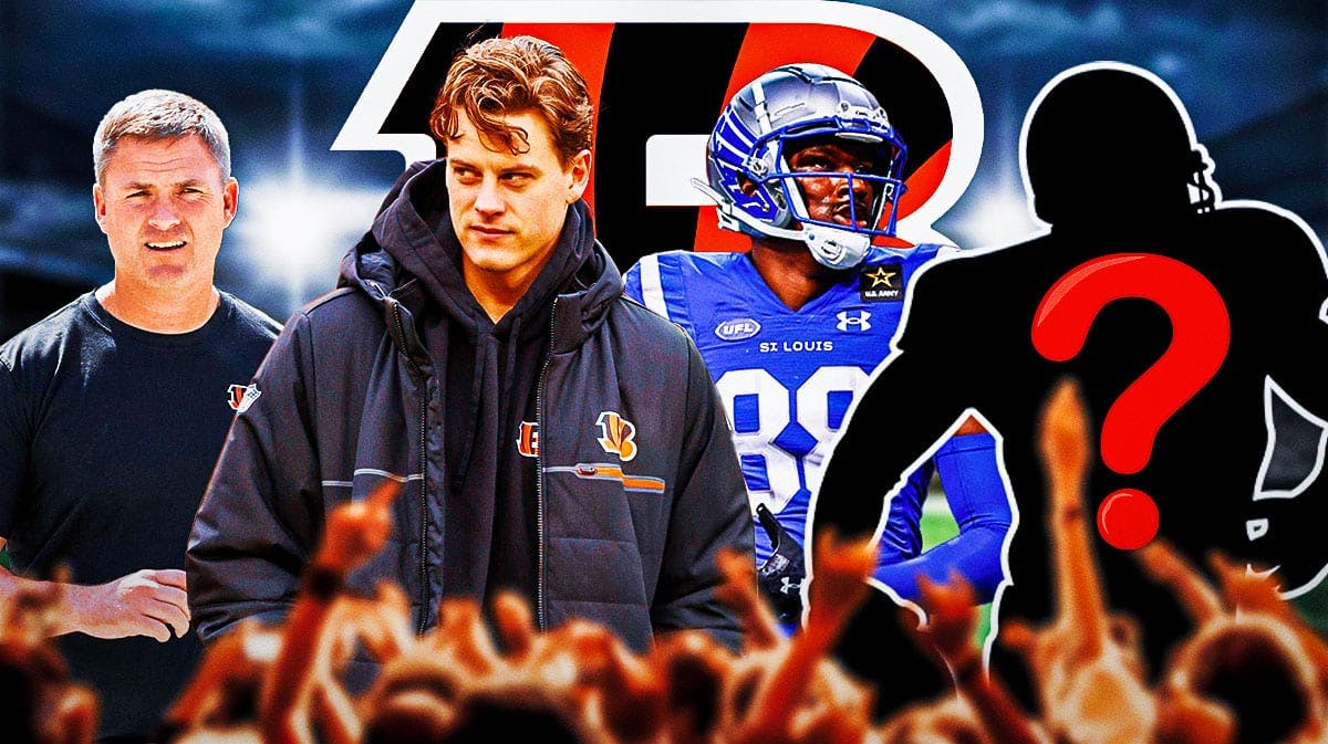 Cincinnati Bengals QB Joe Burrow with head coach Zac Taylor, wide receiver Hakeem Butler, and a silhouette of an American football player with a big question mark emoji inside. There is also a logo for the Cincinnati Bengals.