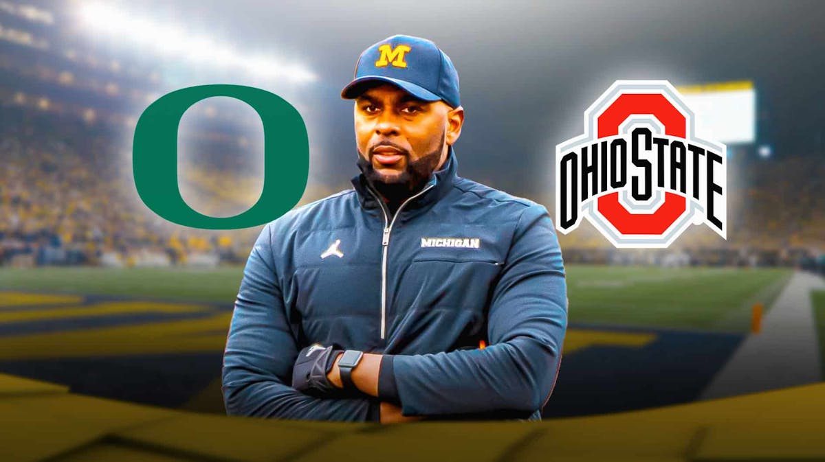 Michigan football, Wolverines, Big Ten, Ohio State football, Oregon football, Sherrone Moore with Ohio State and Oregon logos, Michigan football stadium in the background